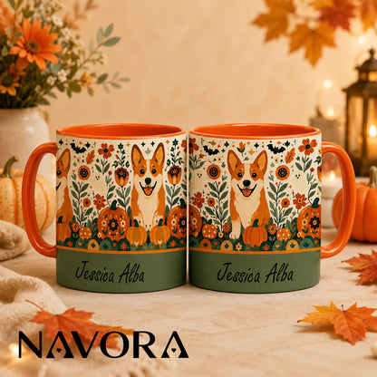 Personalized Corgi Halloween accent mug with custom name, pumpkins, autumn flowers, ghosts and orange handle