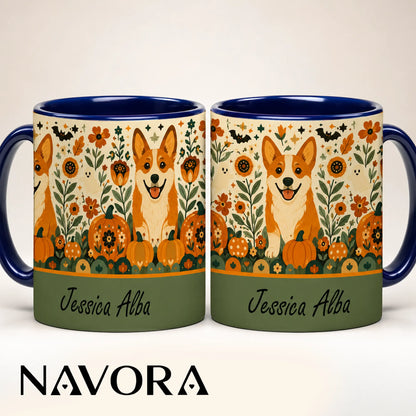 Personalized Corgi Halloween accent mug with custom name, pumpkins, autumn flowers, ghosts and orange handle