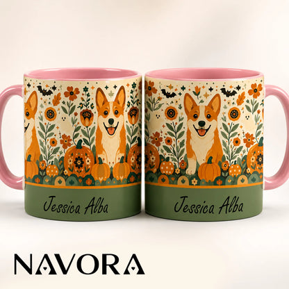 Personalized Corgi Halloween accent mug with custom name, pumpkins, autumn flowers, ghosts and orange handle