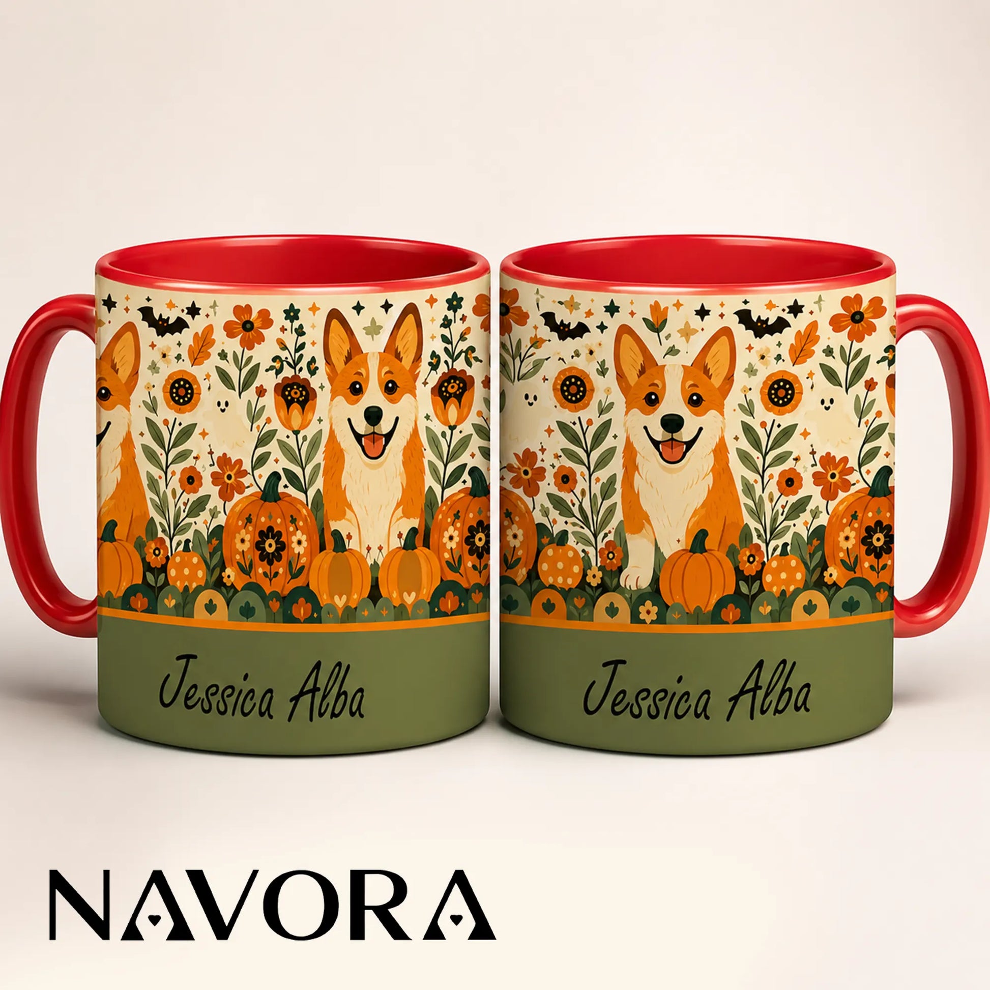 Personalized Corgi Halloween accent mug with custom name, pumpkins, autumn flowers, ghosts and orange handle