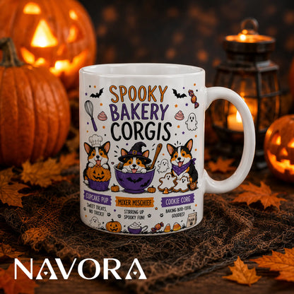 Spooky Bakery Corgis Halloween mug featuring three Corgis with a pumpkin cupcake, mixing bowl, ghost cookies, bats, and pumpkins.