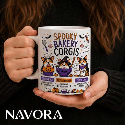 Spooky Bakery Corgis Halloween mug featuring three Corgis with a pumpkin cupcake, mixing bowl, ghost cookies, bats, and pumpkins.
