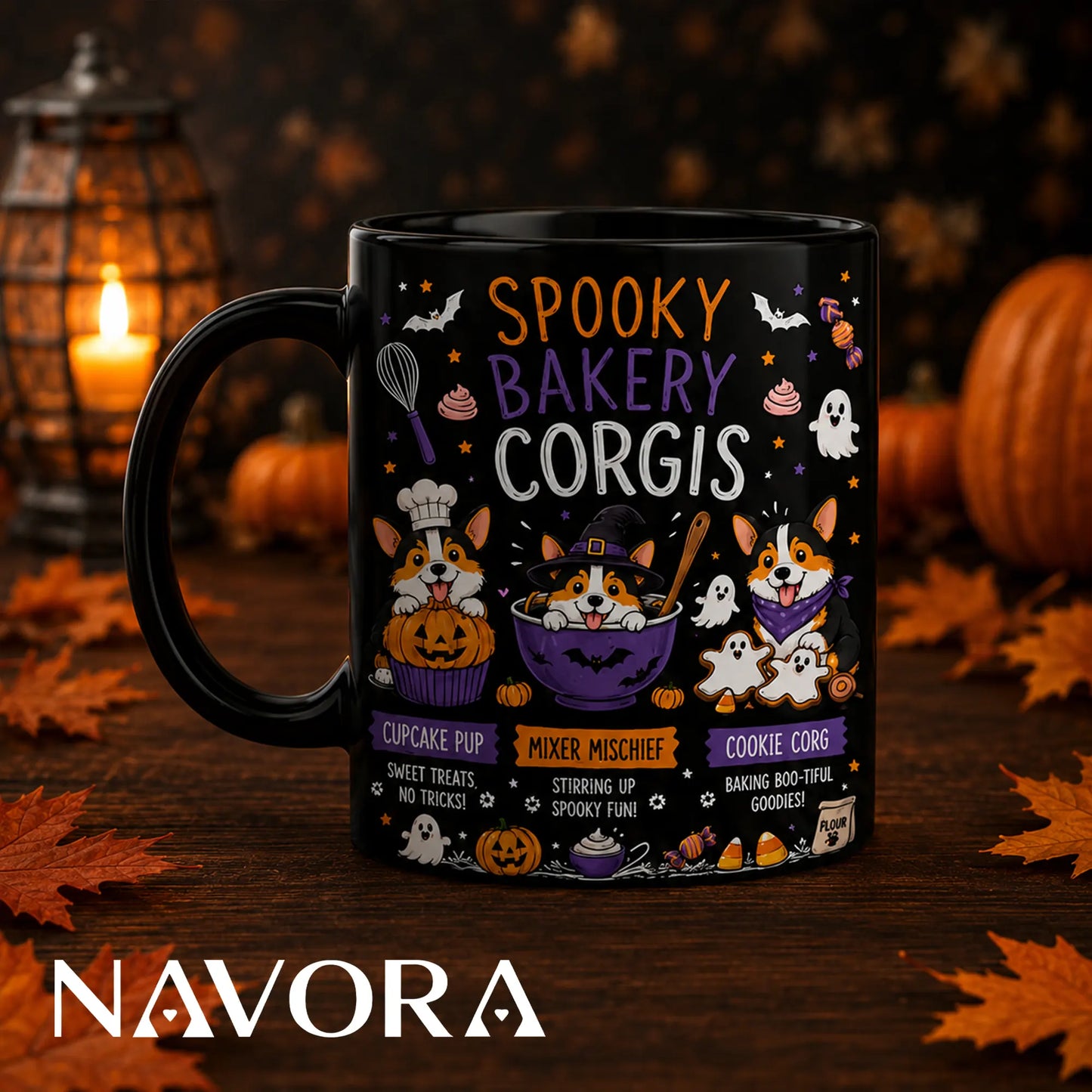 Spooky Bakery Corgis Halloween mug featuring three Corgis with a pumpkin cupcake, mixing bowl, ghost cookies, bats, and pumpkins.