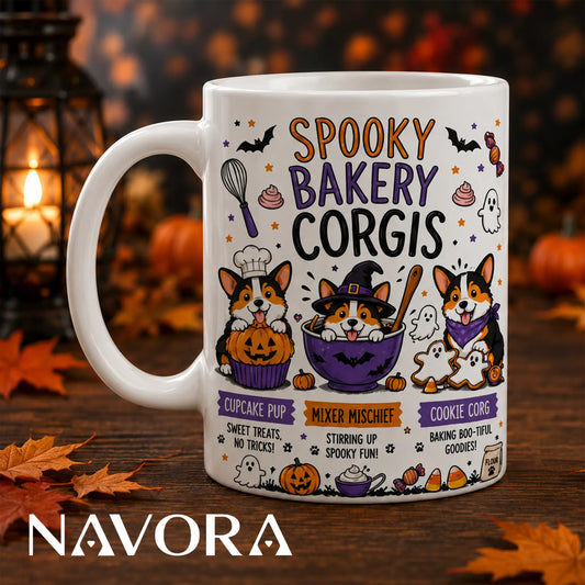 Spooky Bakery Corgis Halloween mug featuring three Corgis with a pumpkin cupcake, mixing bowl, ghost cookies, bats, and pumpkins.