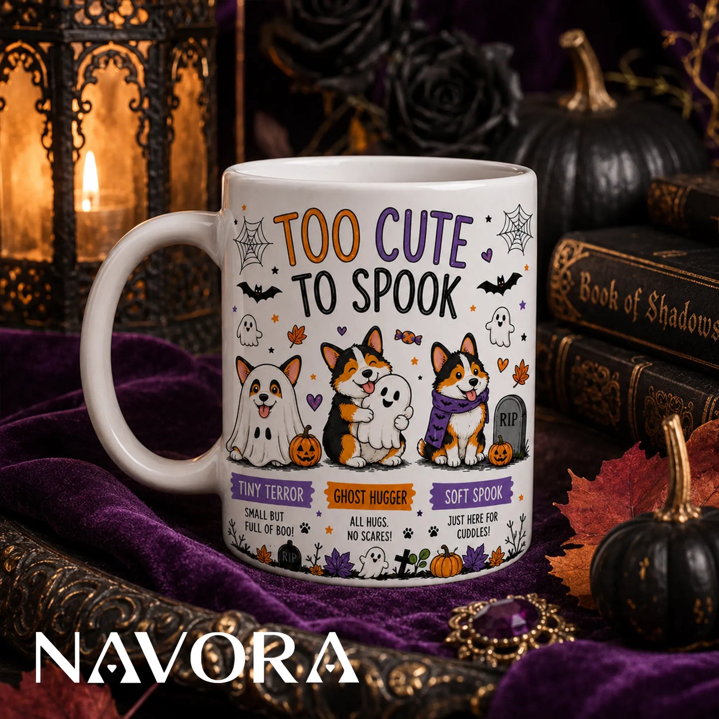 Too Cute To Spook Corgi Halloween mug with three cute Corgis, ghosts, pumpkins, and fall decorations.