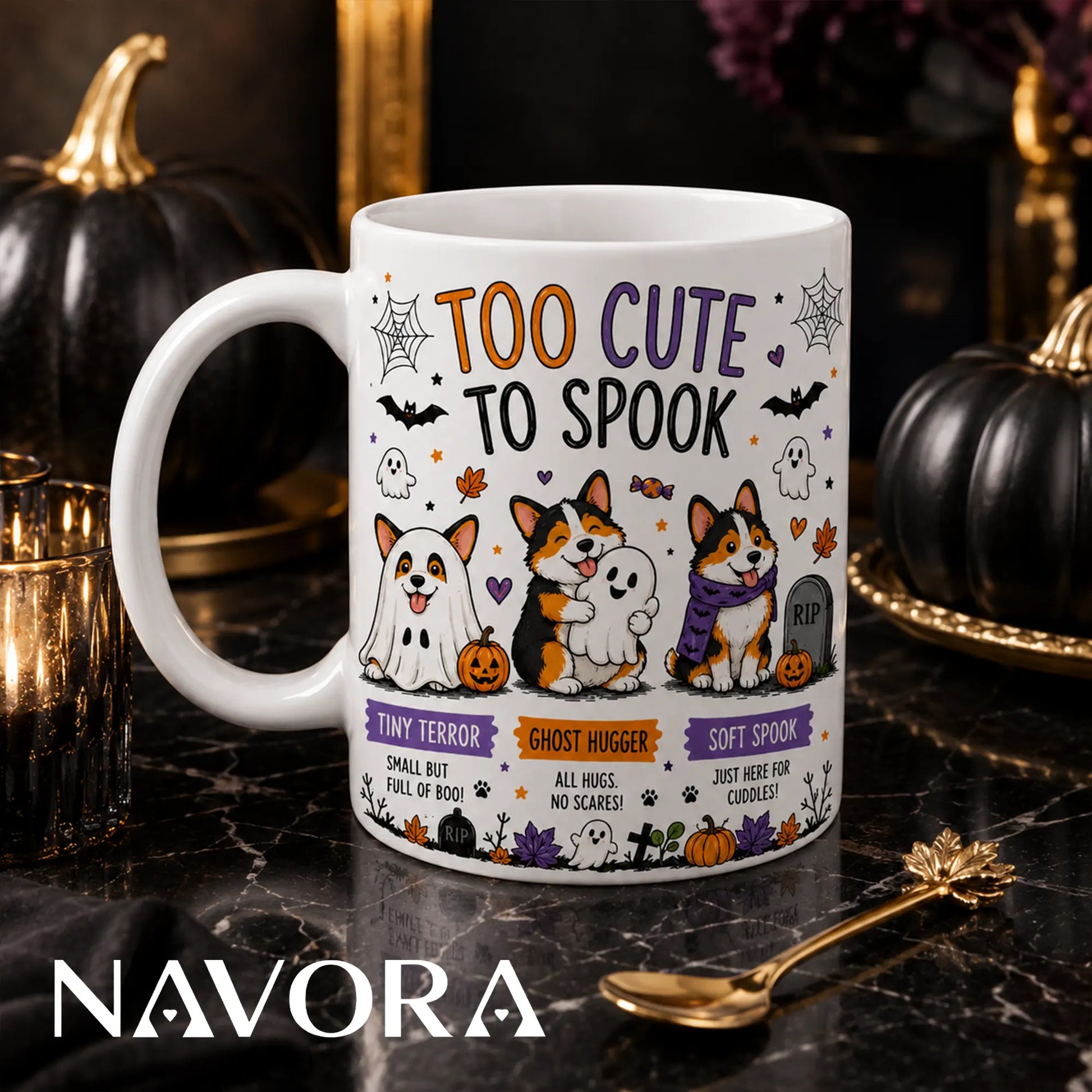 Too Cute To Spook Corgi Halloween mug with three cute Corgis, ghosts, pumpkins, and fall decorations.