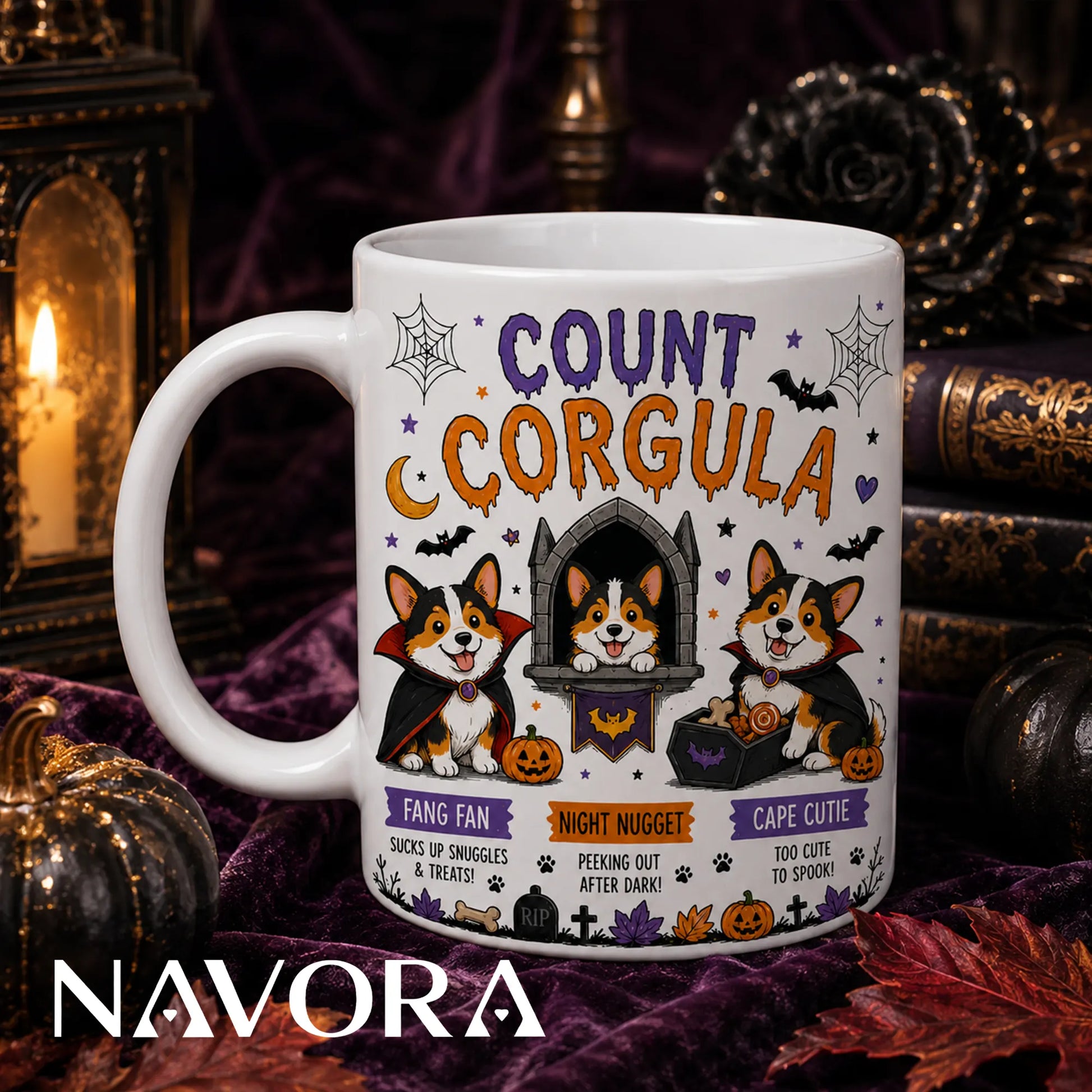 Trick or Treat Corgis Halloween mug with ghost, vampire, and pumpkin costumes.