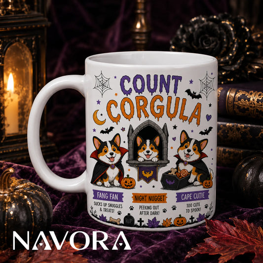 Trick or Treat Corgis Halloween mug with ghost, vampire, and pumpkin costumes.