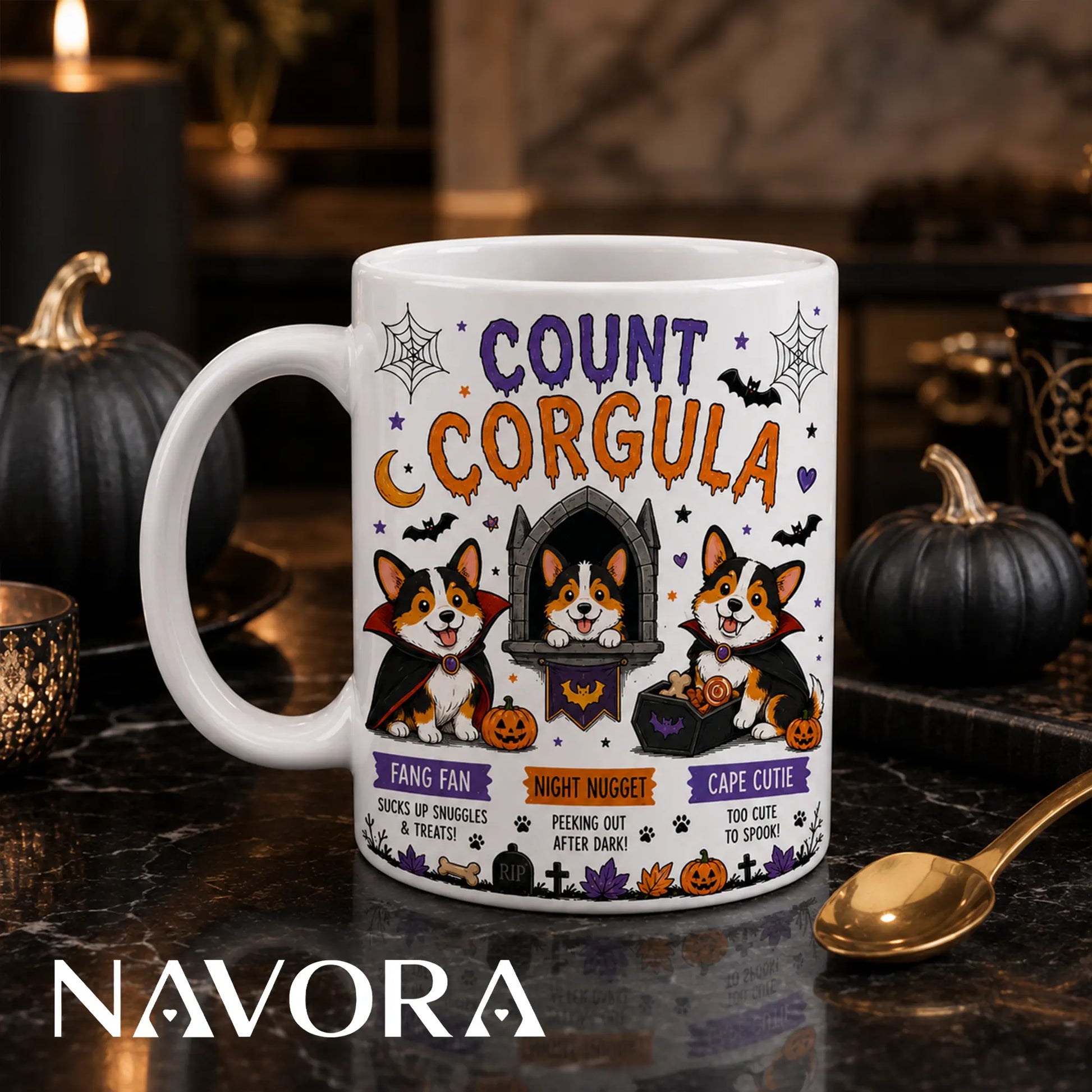 Trick or Treat Corgis Halloween mug with ghost, vampire, and pumpkin costumes.