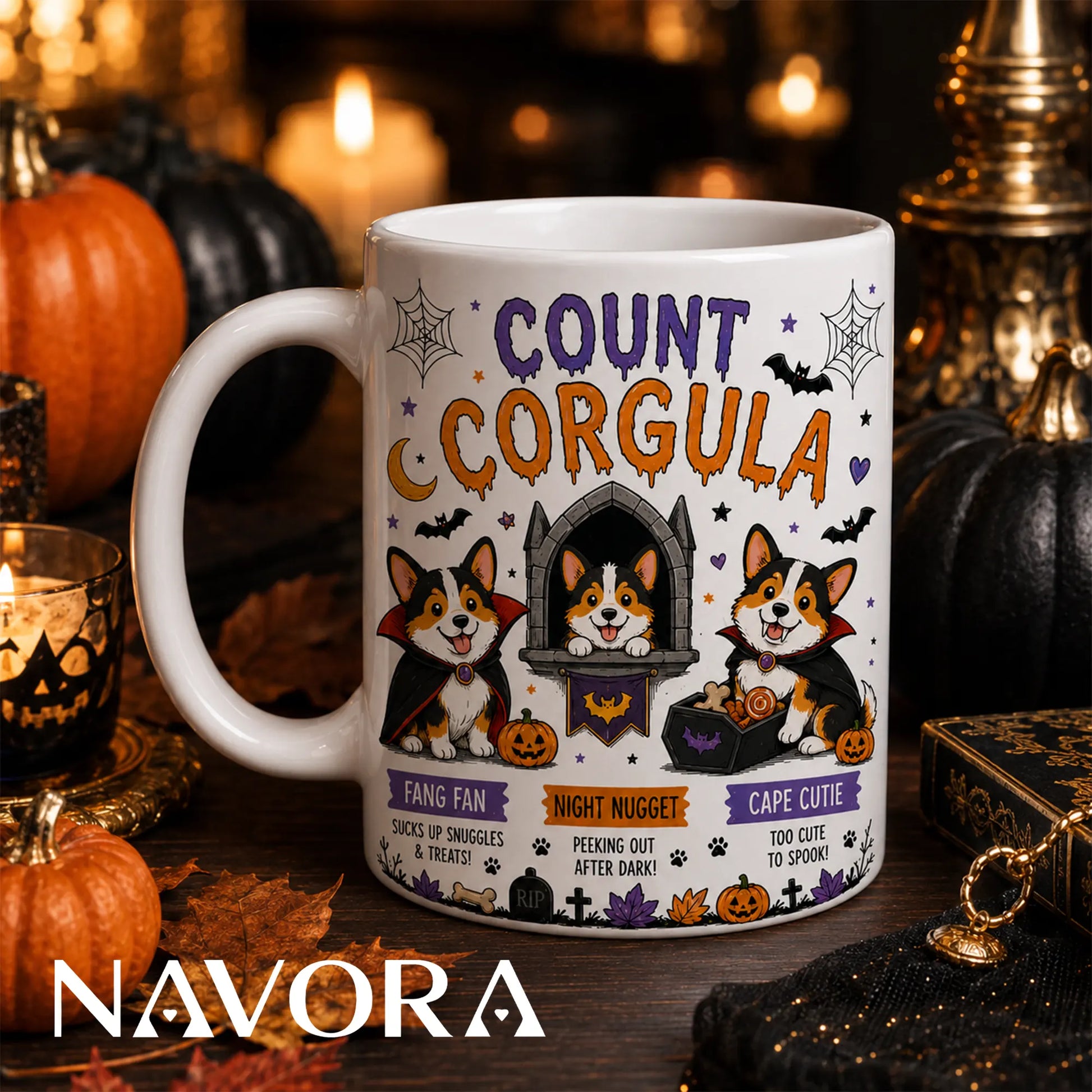 Trick or Treat Corgis Halloween mug with ghost, vampire, and pumpkin costumes.
