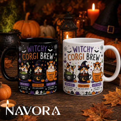 Witchy Corgi Brew Halloween mug featuring three Corgis with cauldrons, potions, pumpkins, and a pumpkin spice latte.