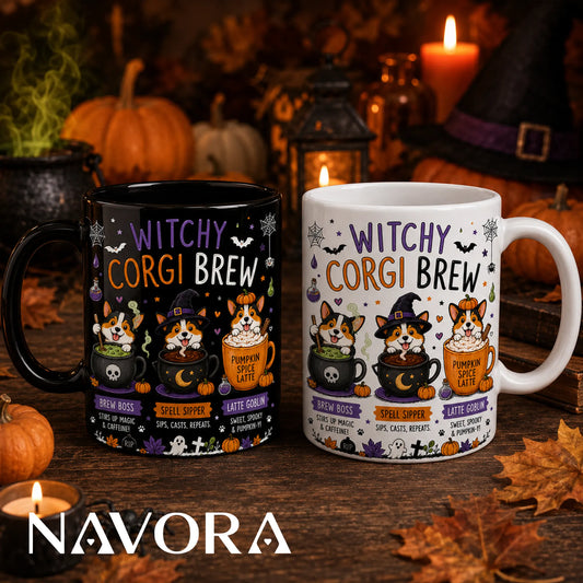 Witchy Corgi Brew Halloween mug featuring three Corgis with cauldrons, potions, pumpkins, and a pumpkin spice latte.