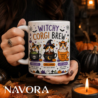 Witchy Corgi Brew Halloween mug featuring three Corgis with cauldrons, potions, pumpkins, and a pumpkin spice latte.