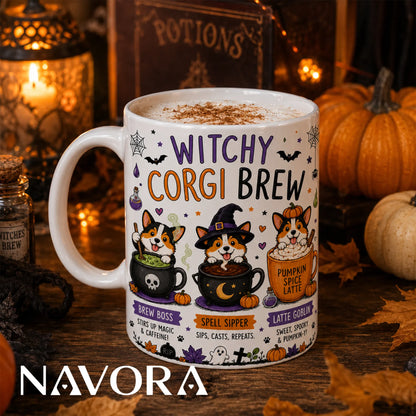 Witchy Corgi Brew Halloween mug featuring three Corgis with cauldrons, potions, pumpkins, and a pumpkin spice latte.