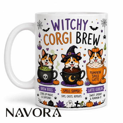 Witchy Corgi Brew Halloween mug featuring three Corgis with cauldrons, potions, pumpkins, and a pumpkin spice latte.