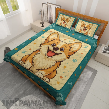 InkPawArts Corgi Bedding Sets with cartoon corgi design on comforter and matching pillows