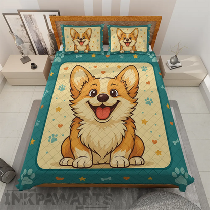 InkPawArts Corgi Bedding Sets with cartoon corgi design on quilt and matching pillowcases