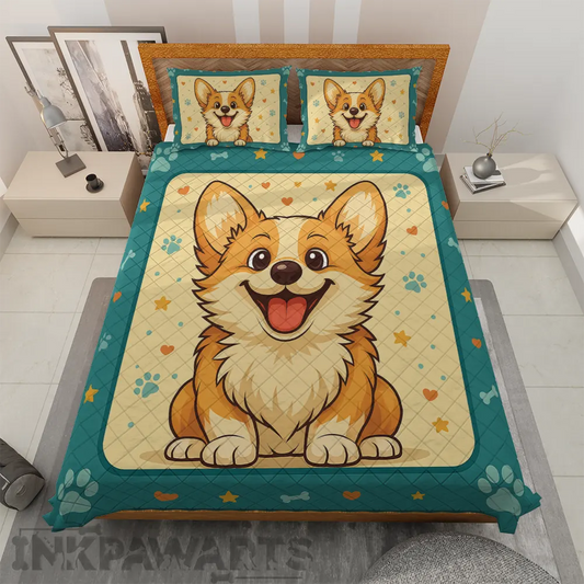 InkPawArts Corgi Bedding Sets with cartoon corgi design on quilt and matching pillowcases