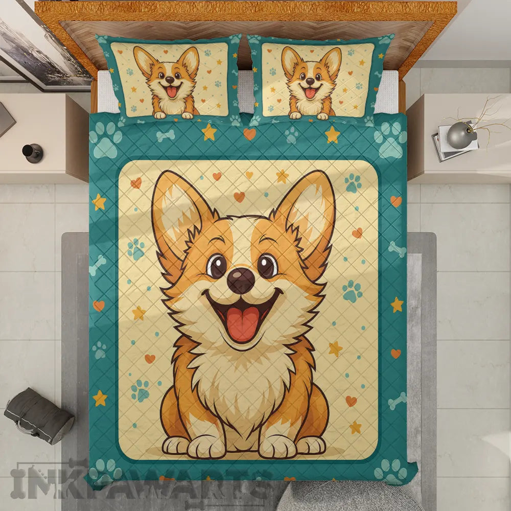 InkPawArts Corgi Bedding Sets featuring a cute cartoon corgi on quilt and matching pillowcases