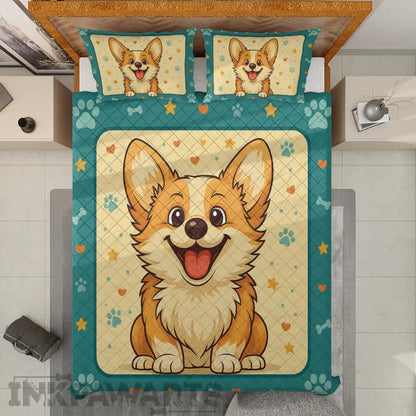 InkPawArts Corgi Bedding Sets featuring a cute cartoon corgi on quilt and matching pillowcases