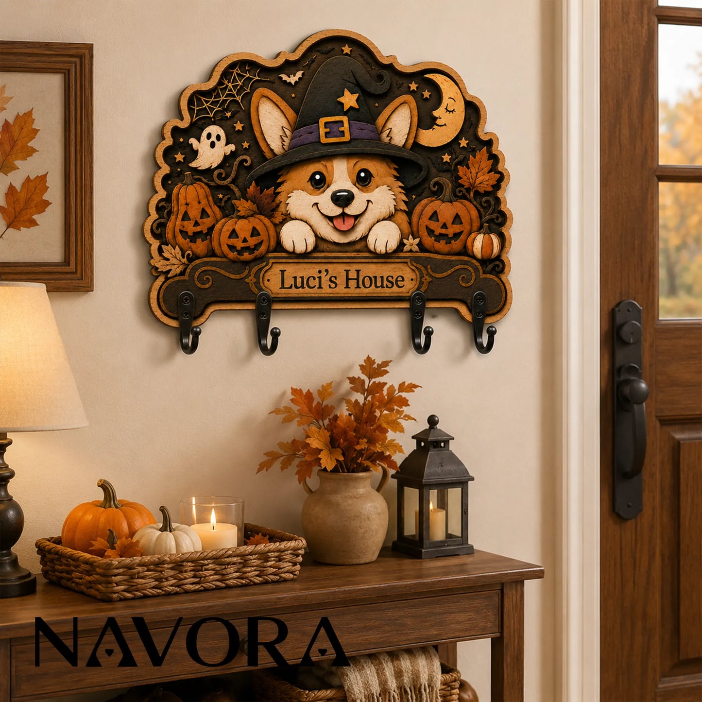 Corgi wall key organizer with four hooks for jacket, leash and tote bag in a cozy entryway