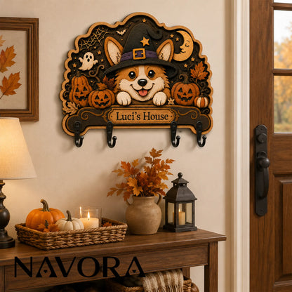 Corgi wall key organizer with four hooks for jacket, leash and tote bag in a cozy entryway