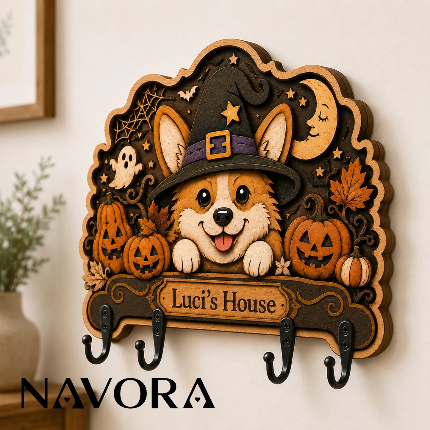 Side view of Corgi Halloween Wood Key Holder showing layered wood design and four black hooks