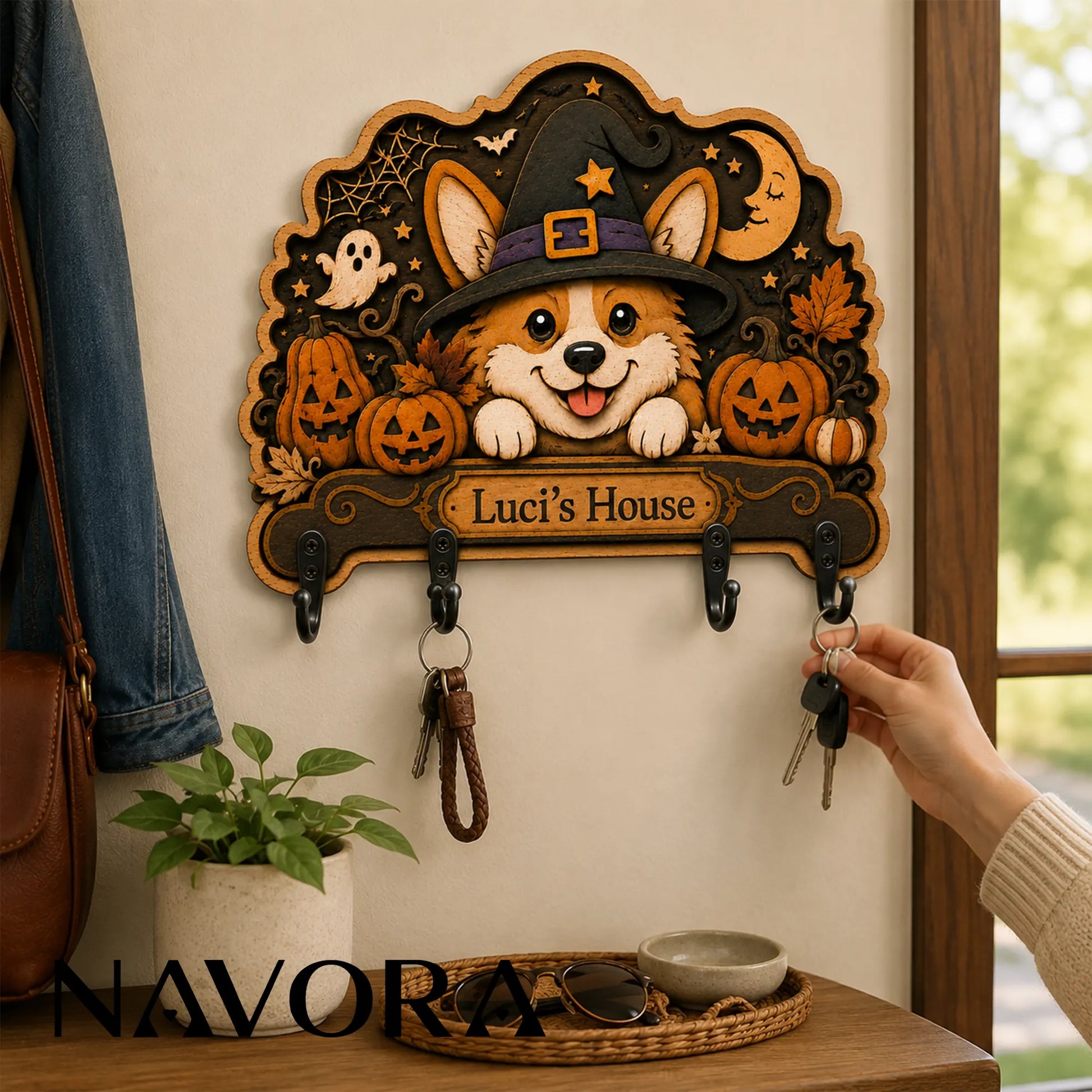 Personalized Corgi Halloween gift displayed with wrapped presents and cozy autumn decorations