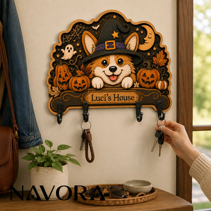 Personalized Corgi Halloween gift displayed with wrapped presents and cozy autumn decorations