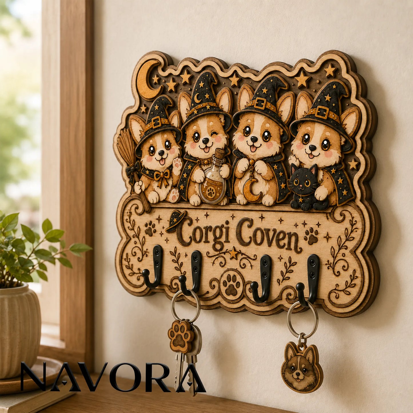 Halloween Corgi Wall Decor featuring a wooden key holder with witch Corgis displayed with pumpkins and candle decor