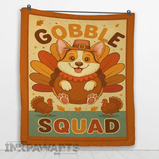 Corgi Quilt featuring a cute corgi dressed as a turkey with text Gobble Squad in fall colors