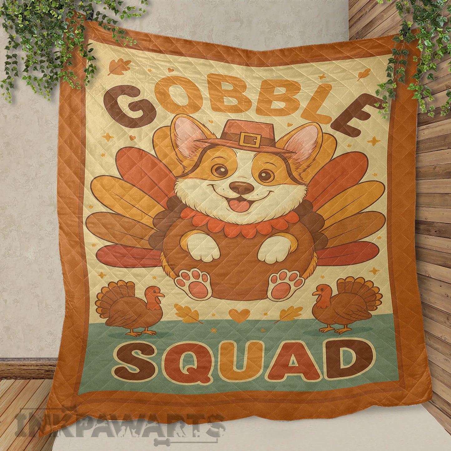 InkPawArts Corgi Quilt featuring a festive Thanksgiving corgi with turkey feathers and Gobble Squad text