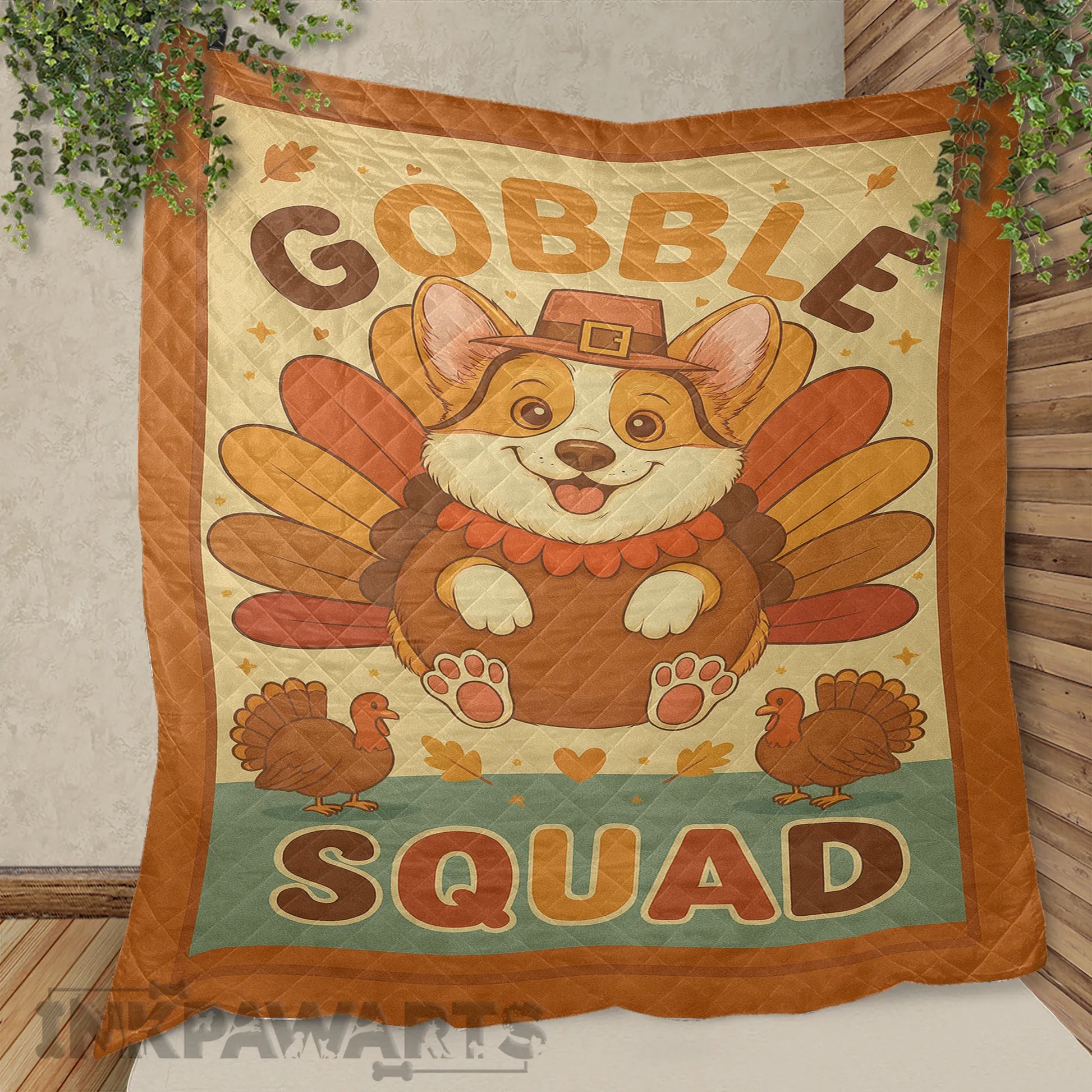 InkPawArts Corgi Quilt featuring a festive Thanksgiving corgi with turkey feathers and Gobble Squad text