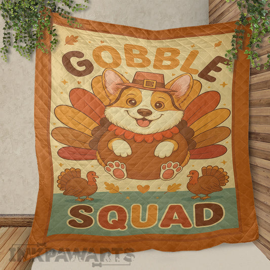 InkPawArts Corgi Quilt featuring a festive Thanksgiving corgi with turkey feathers and Gobble Squad text