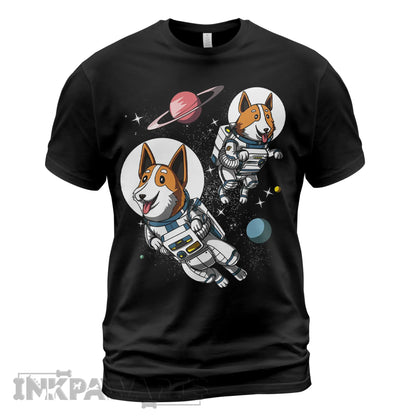 InkPawArts Corgi T-Shirt featuring two corgis in astronaut suits floating in space with planets