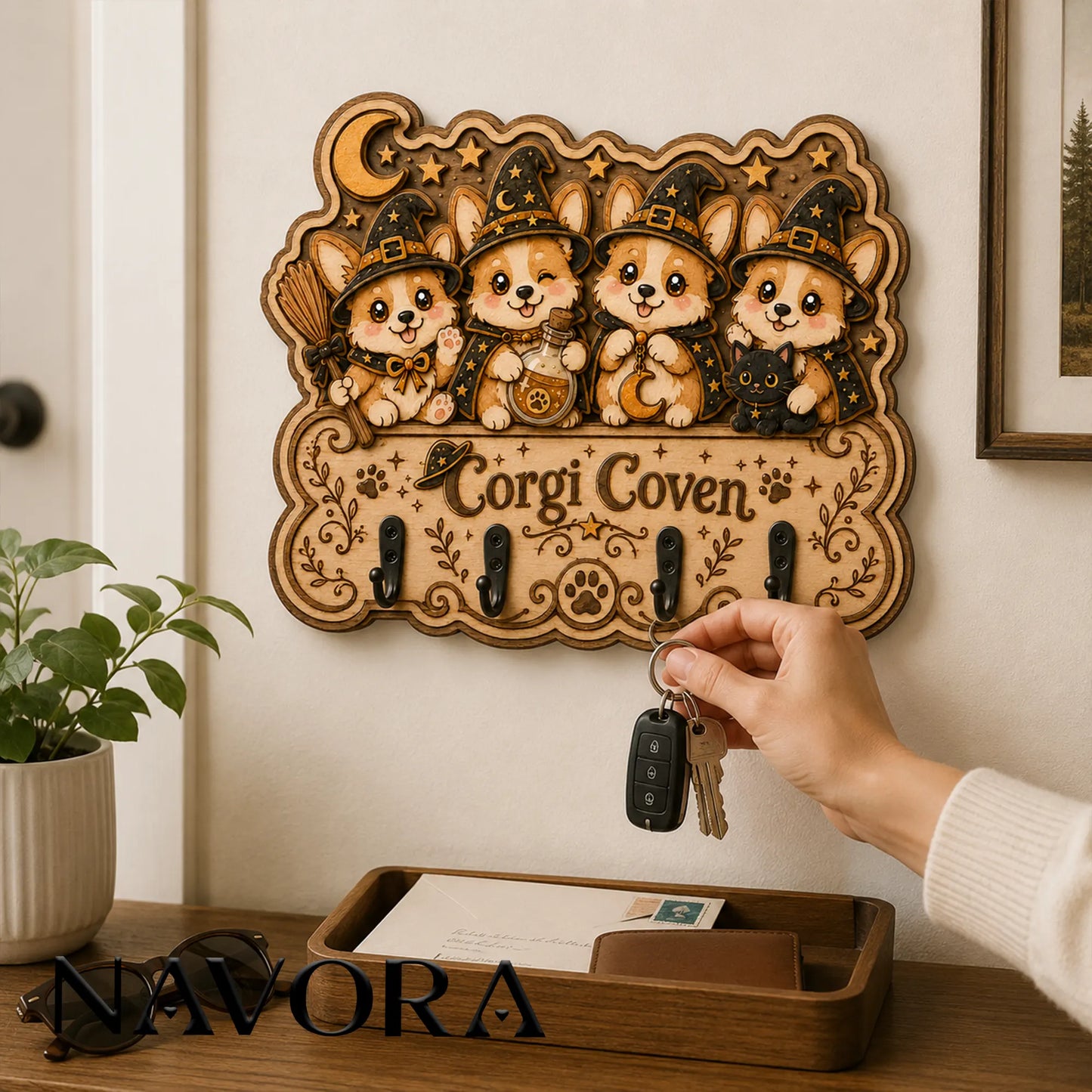 Corgi Wood Key Holder with Corgi Coven artwork shown as a personalized gift idea for Corgi owners and families