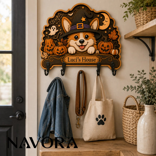 Close-up of Halloween Corgi Wood Key Holder with witch hat, pumpkins, ghost and personalized name plaque