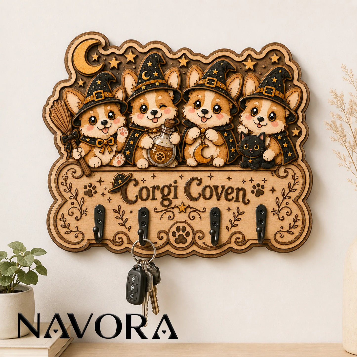 Corgi Wood Key Holder featuring four adorable witch Corgis, Corgi Coven lettering and four black metal hooks