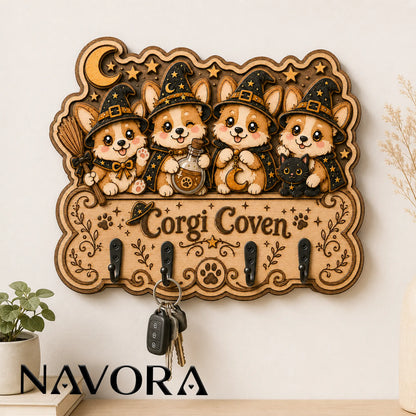 Corgi Wood Key Holder featuring four adorable witch Corgis, Corgi Coven lettering and four black metal hooks