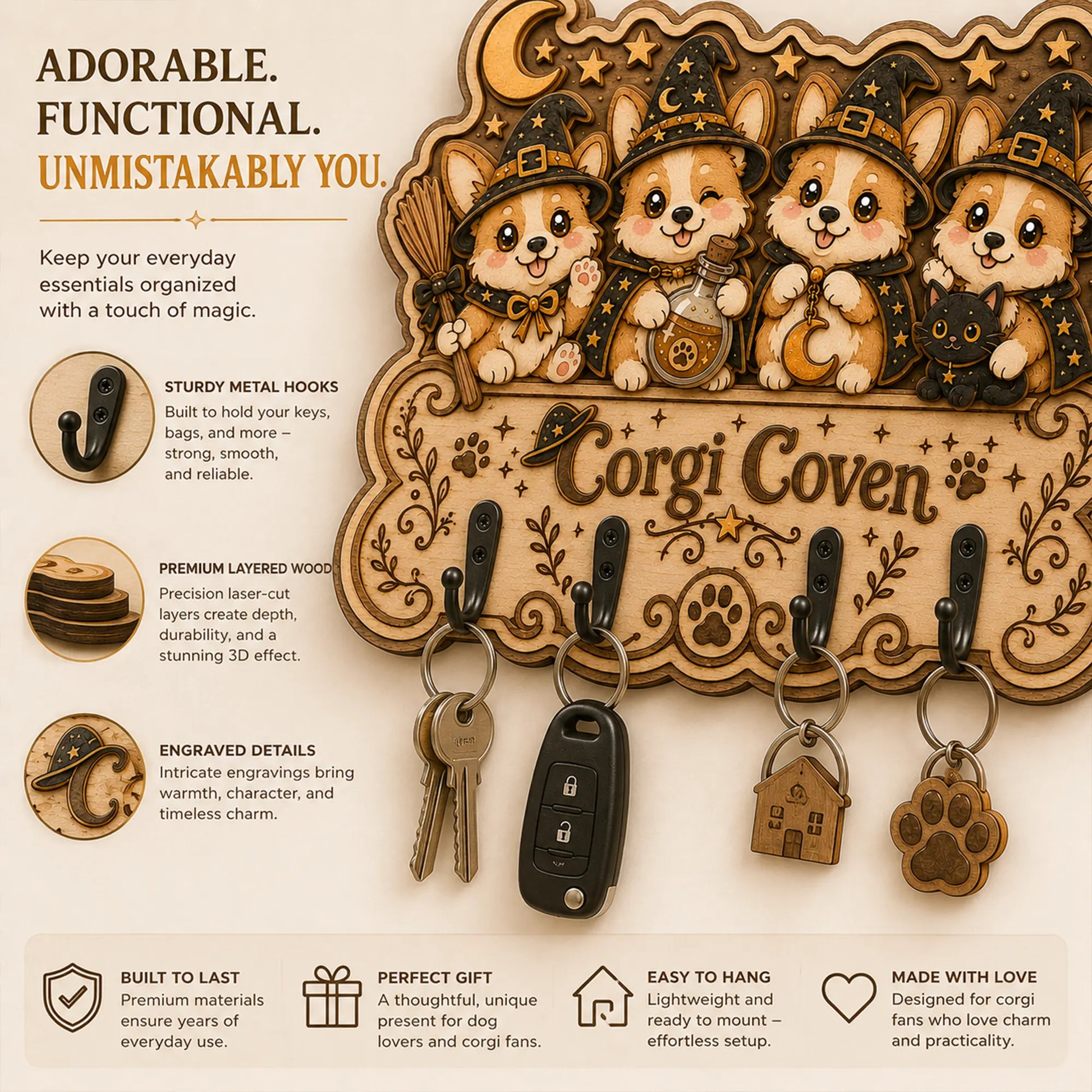 Corgi Wood Key Holder product details showing layered wood construction, engraved artwork and sturdy metal hooks
