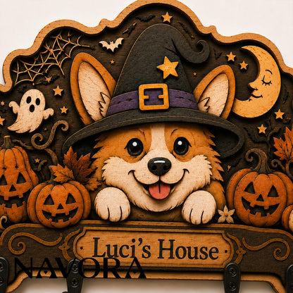 Personalized Corgi Halloween key holder highlighting customizable name area and four wall hooks