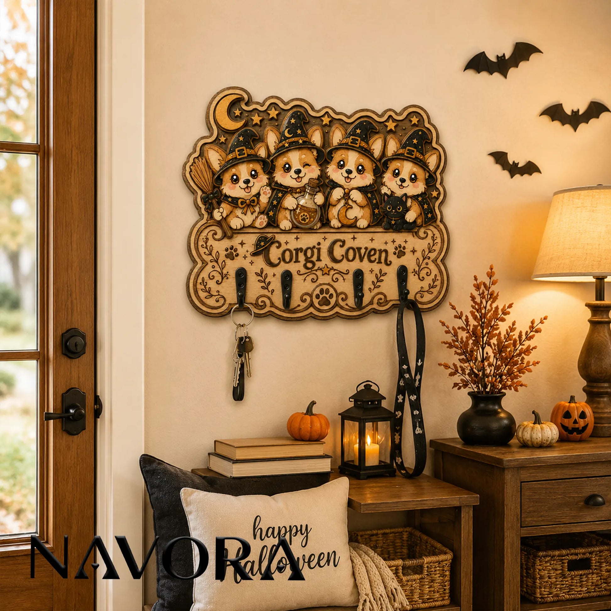 Corgi Wood Key Holder with witch Corgi design displayed in a cozy Halloween entryway with keys and seasonal decor