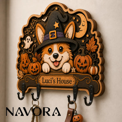Personalized Corgi Wood Key Holder – Halloween Corgi Wall Key Organizer, Custom Dog Lover Gift