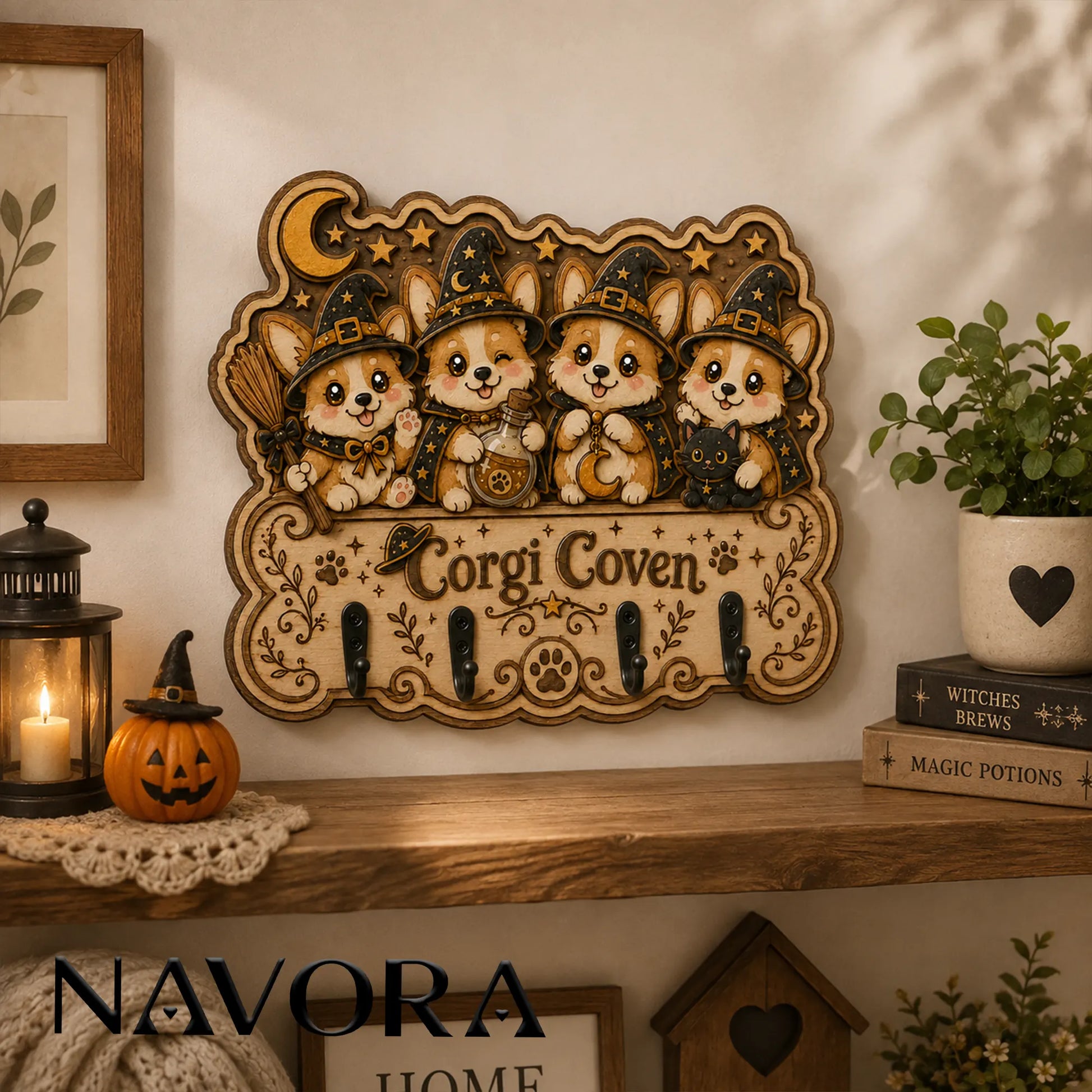 Corgi Wooden Key Rack mounted above an entryway table as functional Corgi home decor with four metal hooks