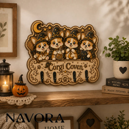 Corgi Wooden Key Rack mounted above an entryway table as functional Corgi home decor with four metal hooks