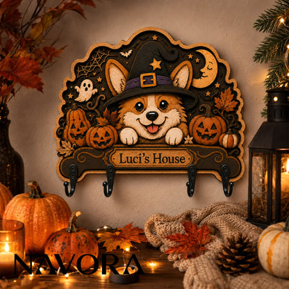 Angled view of layered Corgi Wood Key Holder with personalized plaque, Halloween artwork and four hooks
