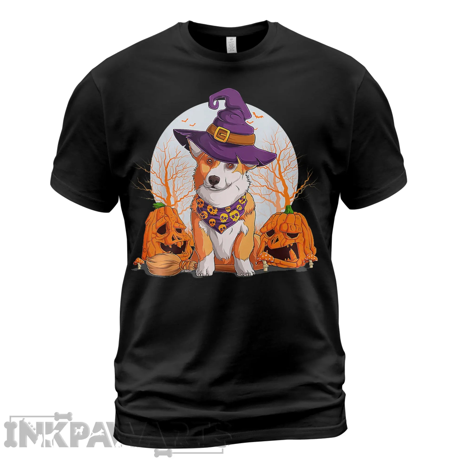InkPawArts Halloween Corgi T-Shirt with dog in witch hat and two carved pumpkins on black tee