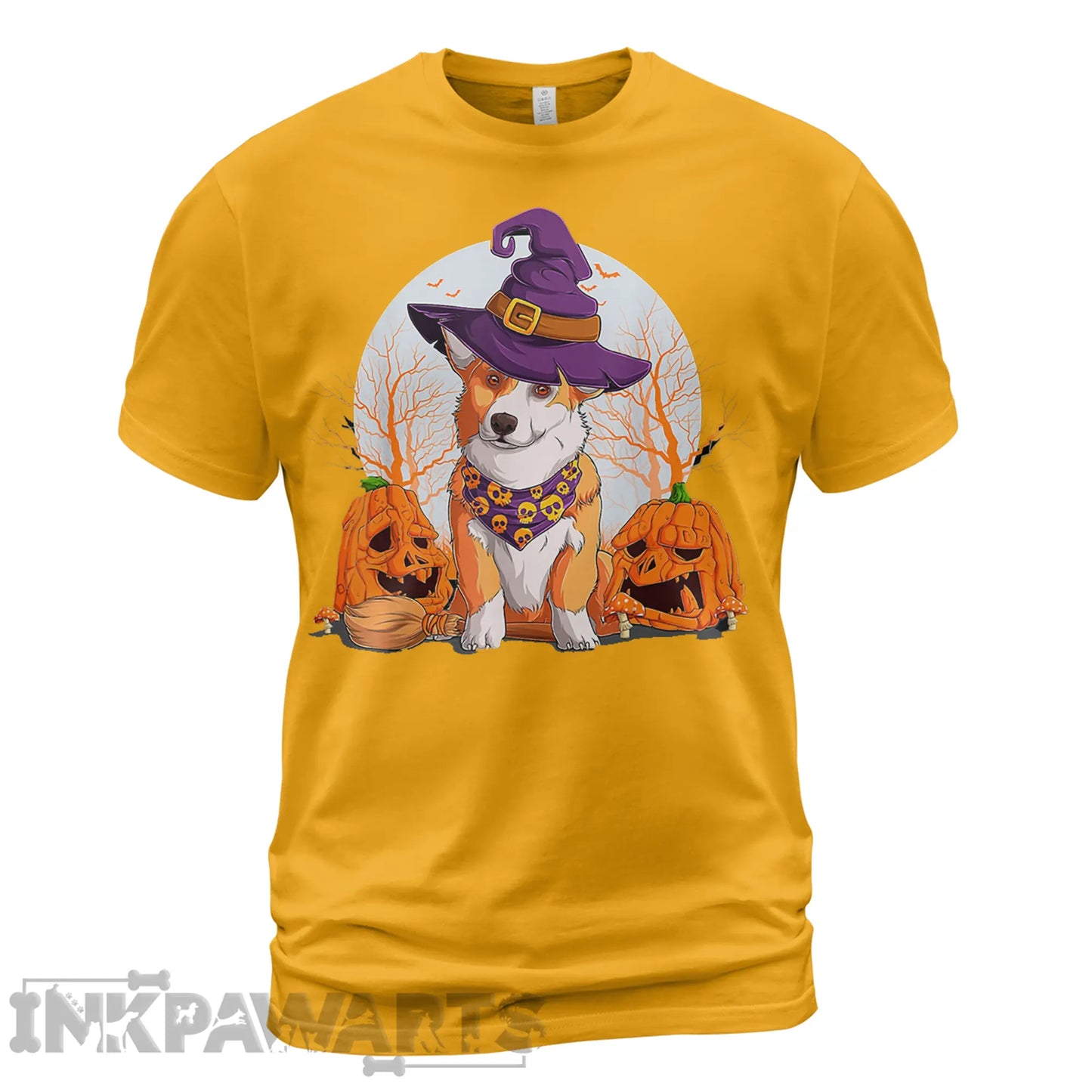 InkPawArts Halloween Corgi T-Shirt with dog wearing witch hat and pumpkins on yellow tee