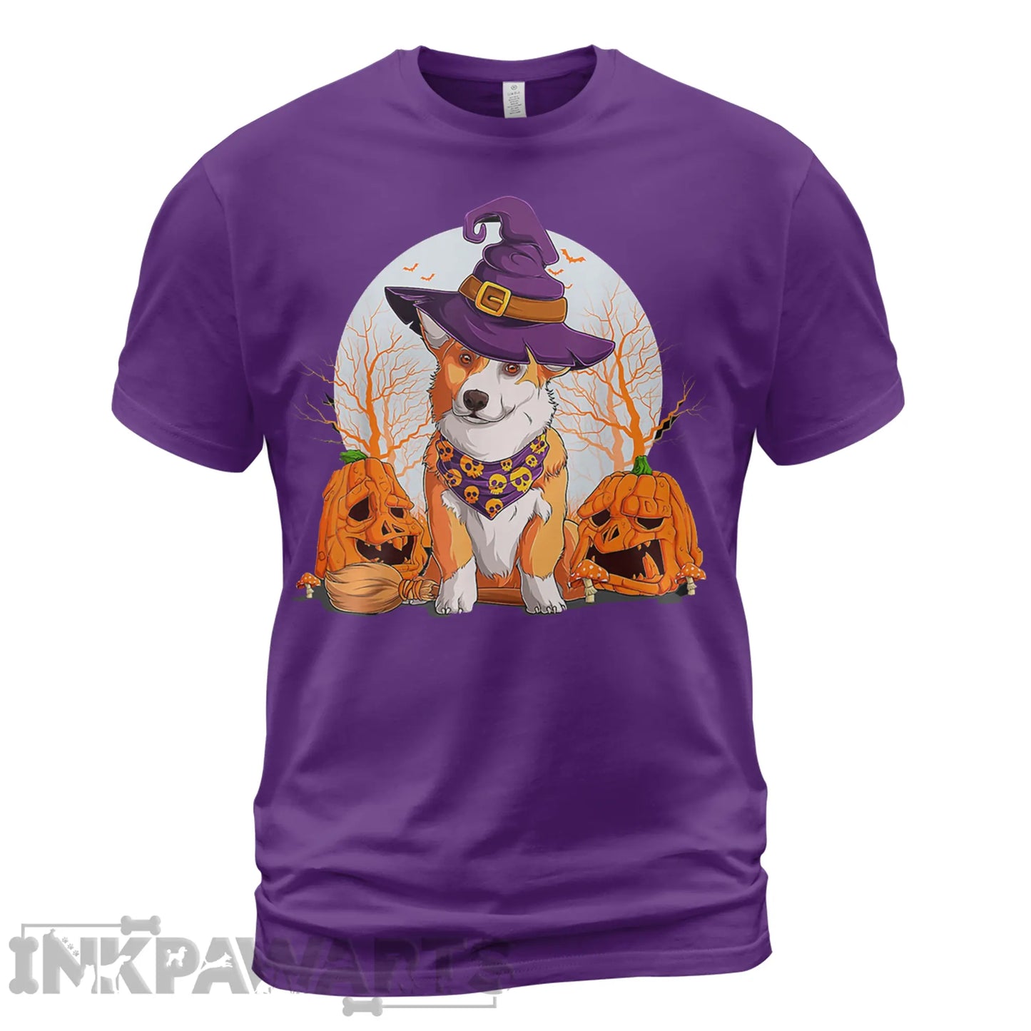 Purple InkPawArts Corgi T-Shirt with Halloween witch hat and pumpkin design