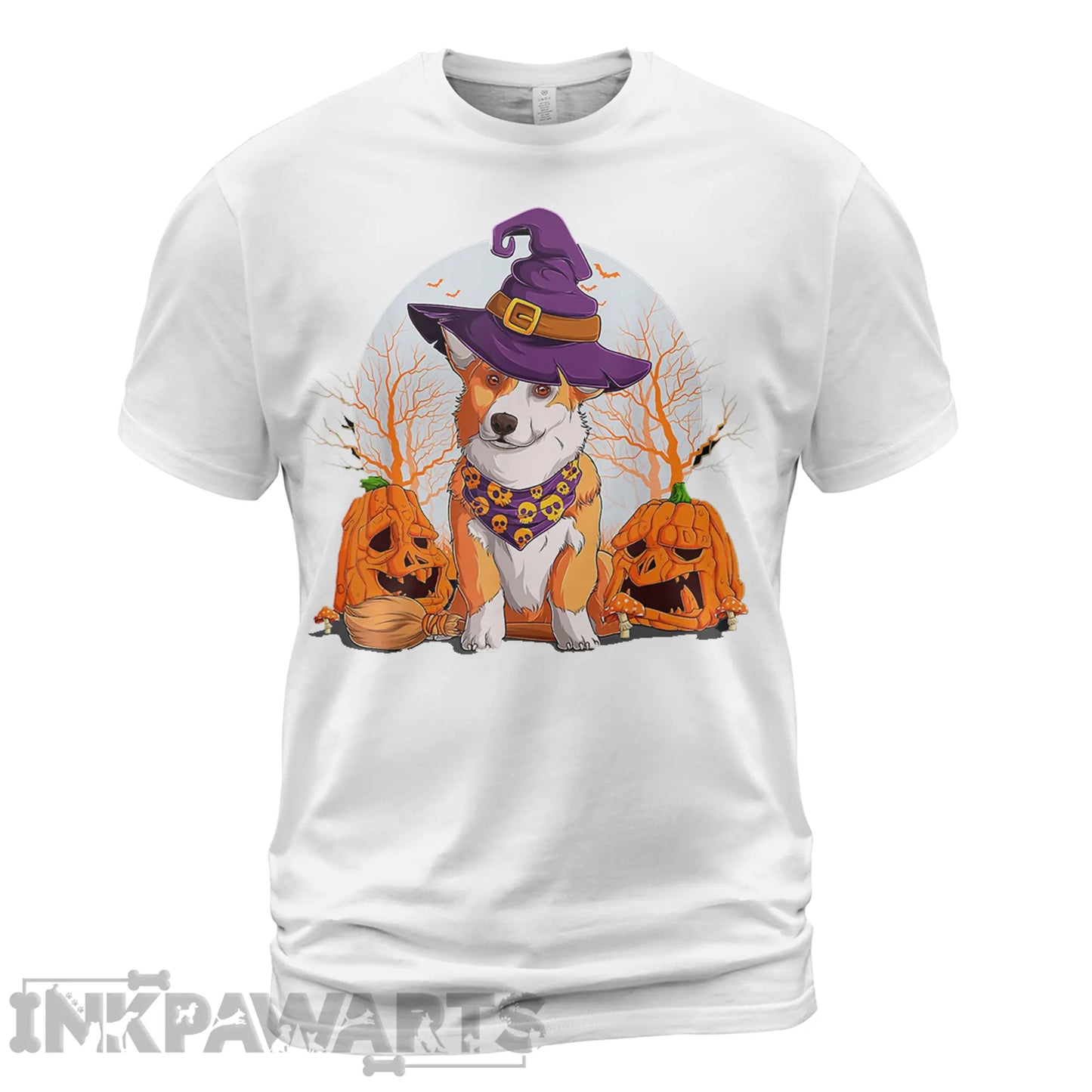 White Corgi T-Shirt with Halloween witch hat and pumpkin design by InkPawArts